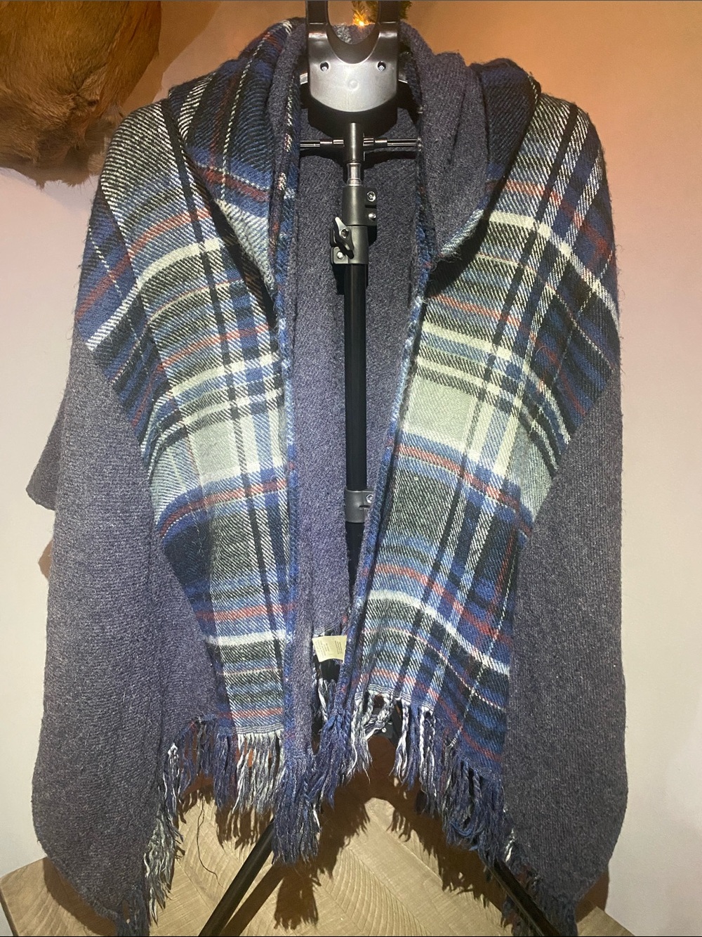 Simply Noelle Hooded Plaid Fringe Wrap in Blue and Green